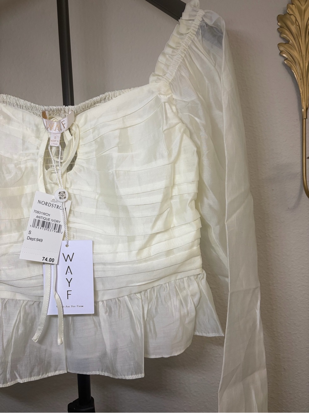 Wayf Ivory Ruffle Sheer Long Sleeved Top